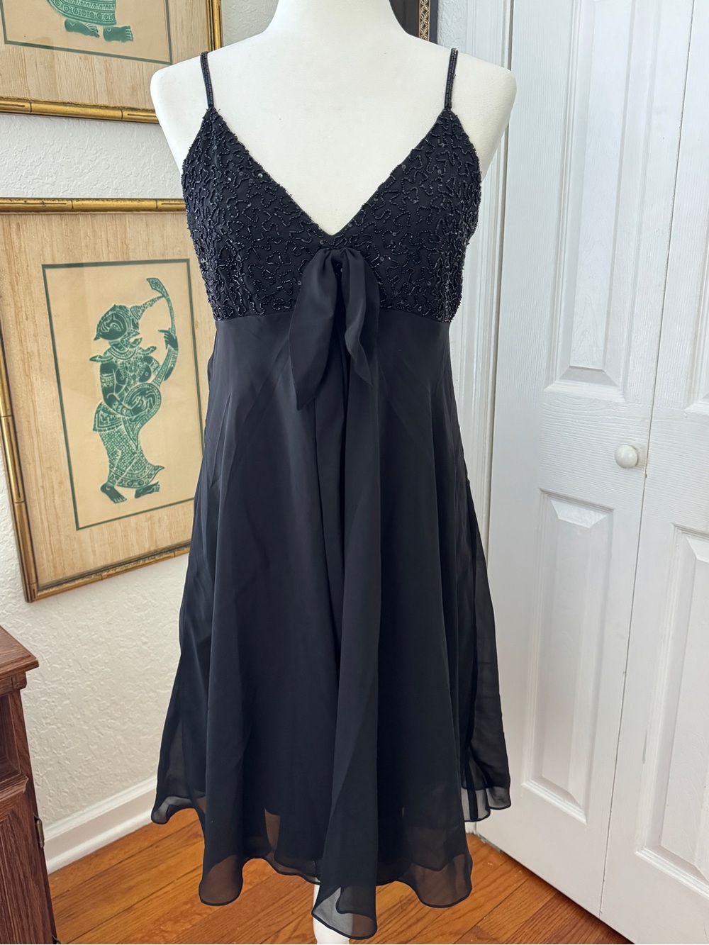 Vintage Y2K Eva Blue Black Beaded Chiffon Slip Dress sz M Whimsigoth